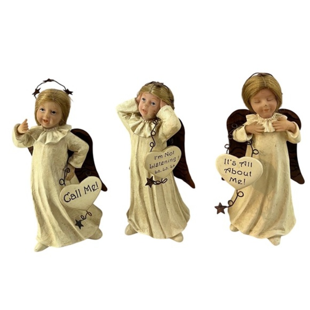 Unbranded‎ Sassy Angel Figurine Set 3pc Cream Good Humorous Rustic Decor 5.5in